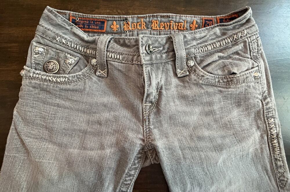 Rock Revival Celine Skinny Jeans Womens 28 Gray Embroidered Crystal Flap Pocket